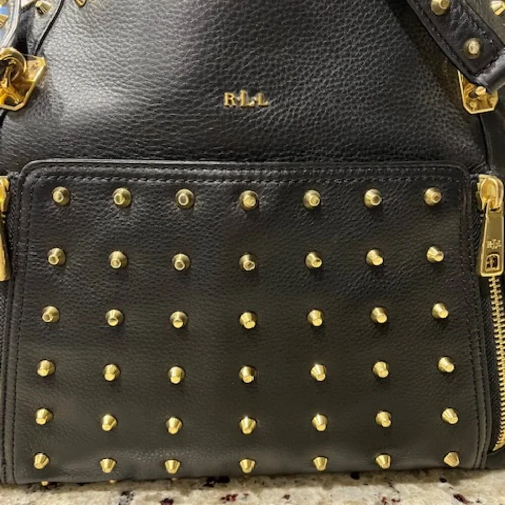 Vintage Ralph Lauren Black Pebbled Leather Gold Studded Stachel Bag - Picture 8 of 16